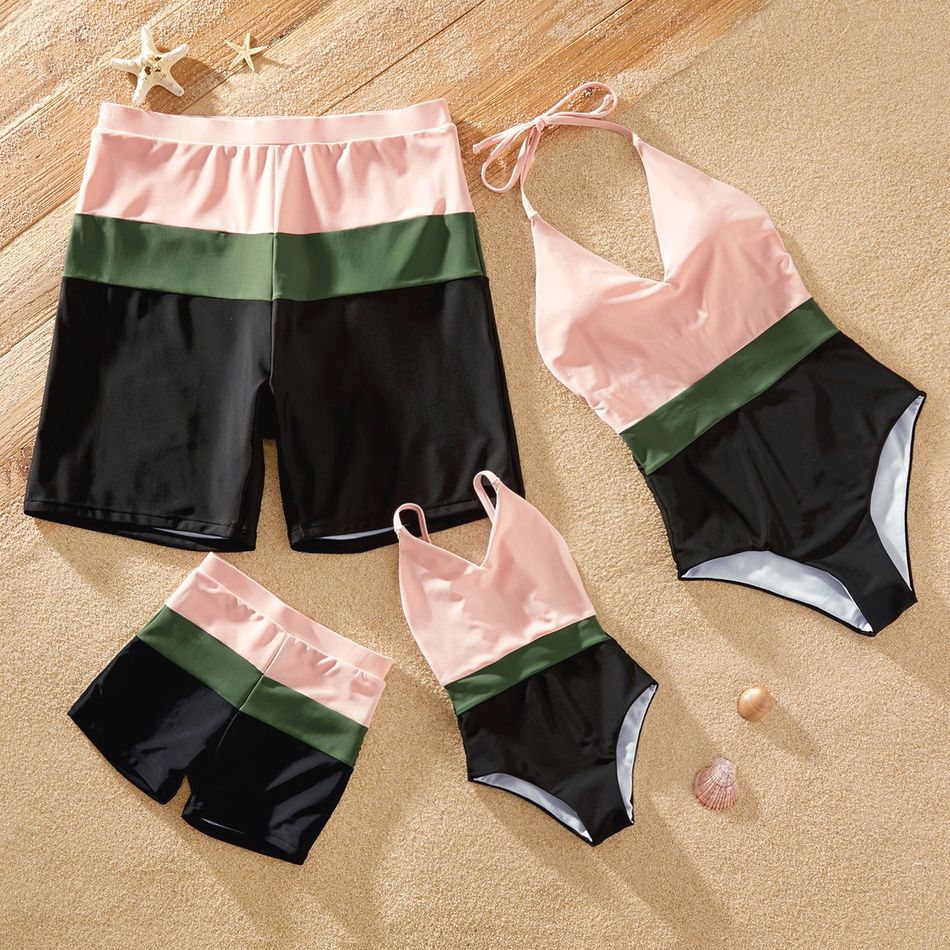 Colorblock Splice Family Matching Swimsuits(Neck Strap Design Swimsuits for Mom) Color block