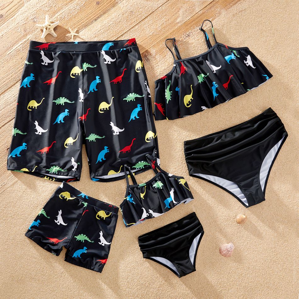 Dinosaur Animal Print Family Matching Swimsuits(2-piece Sling Swimsuits for Mom and Girl ; Swim Trunks for Dad and Boy) Black
