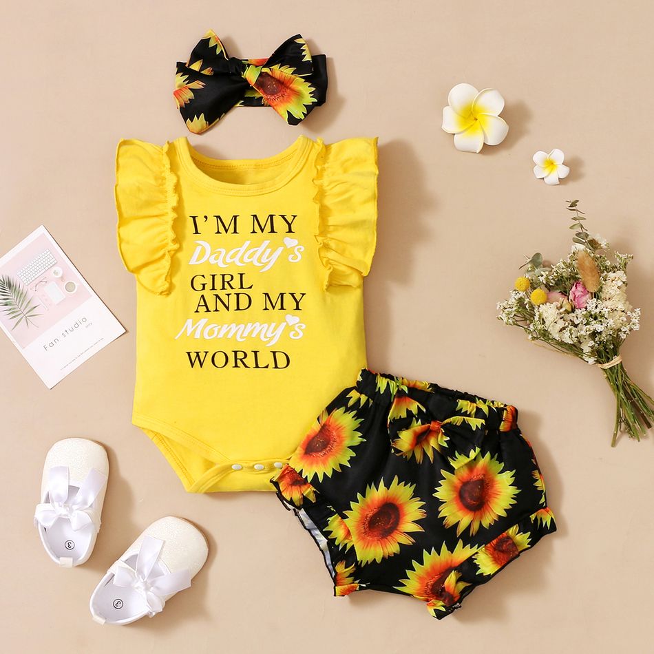 3pcs Letter and Floral Print Sleeveless Baby Set Yellow