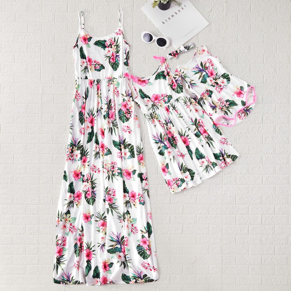 Floral Print Matching White Sling Midi Dresses White