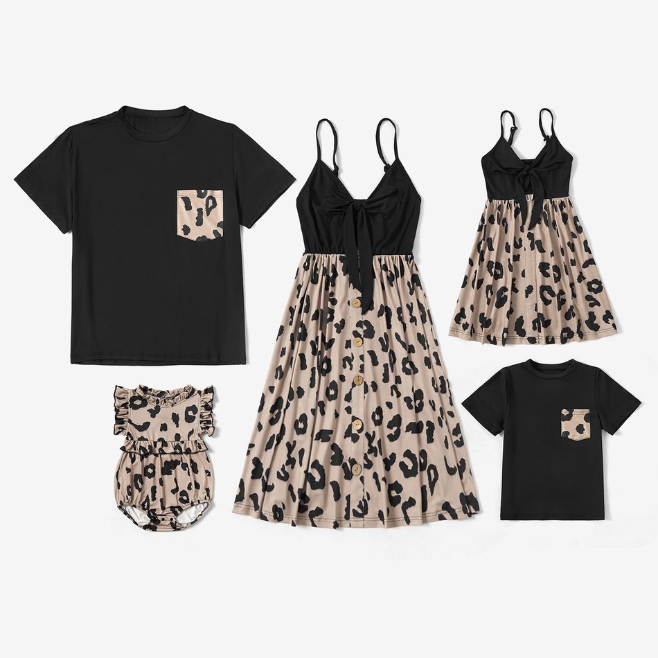 Leopard Print Series Family Matching Sets(Sling V-neck Dresses for Mom and Girl ; T-shirts with Pocket for Dad and Boy) Black