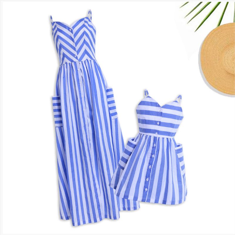 Stripe Print Sleeveless Matching Blue Midi Sling Dresses Blue