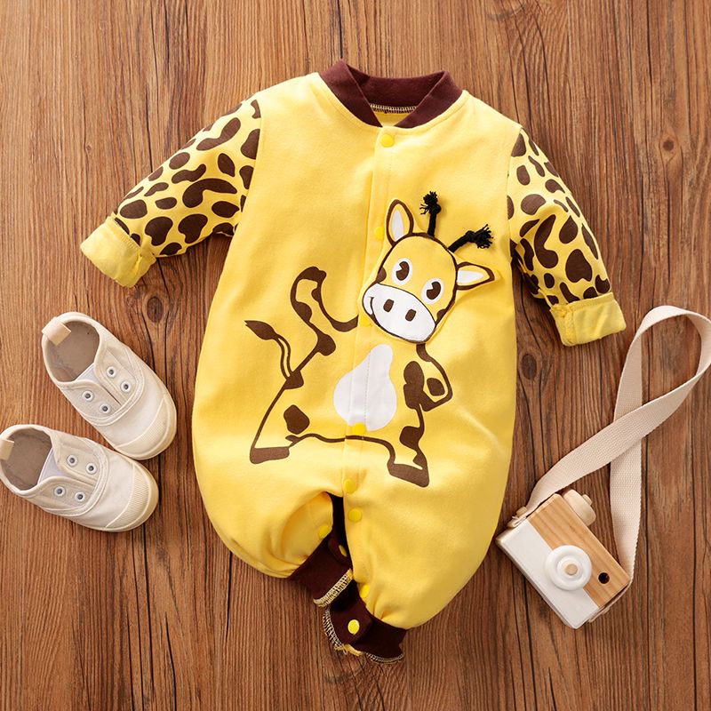 100% Cotton Giraffe Print Long-sleeve Yellow Baby Jumpsuit Orange big image 1
