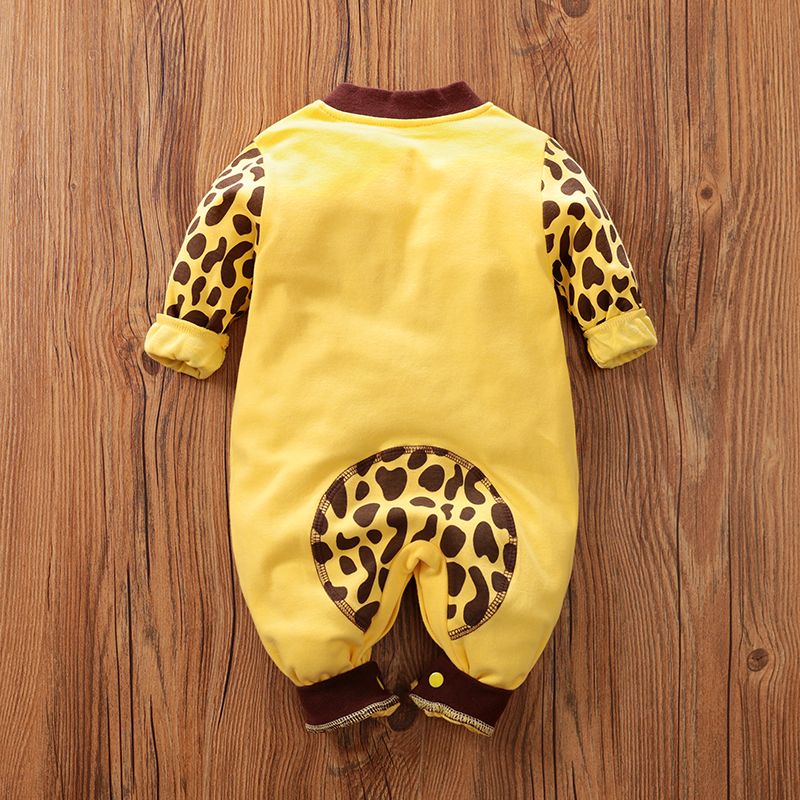 100% Cotton Giraffe Print Long-sleeve Yellow Baby Jumpsuit Orange big image 2