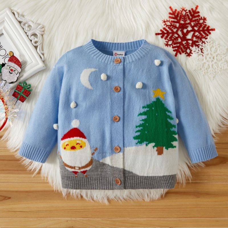 Baby Girl Christmas Tree Santa Moon Stars Embroidery Pompon Decor Cardigan Sweater Light Blue