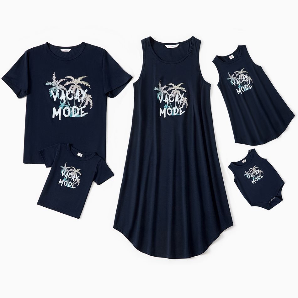 Mosaic Letter and Coconut Tree Print Family Matching Navy Sets Dark Blue
