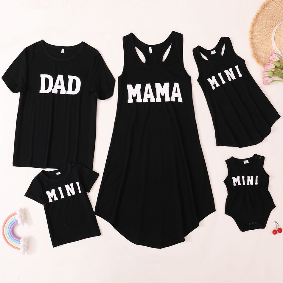 Mosaic Letter Print Black Cotton Family Matching Sets(Tank Dresses for Mom and Girl ; T-shirts for Dad and Boy) Black