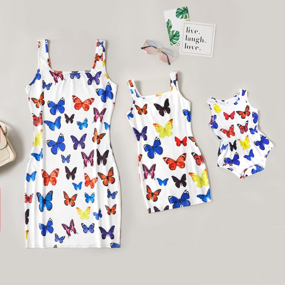 Butterfly Print Tank Square Collar Tight Dresses for Mommy and Me White