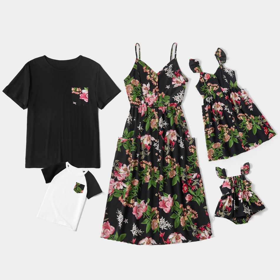 Floral Print Family Matching Sets(Front Buttons Sling Dresses with Pockets for Mom and Girl ; Short Sleeve T-shirts for Dad and Boy) Color block