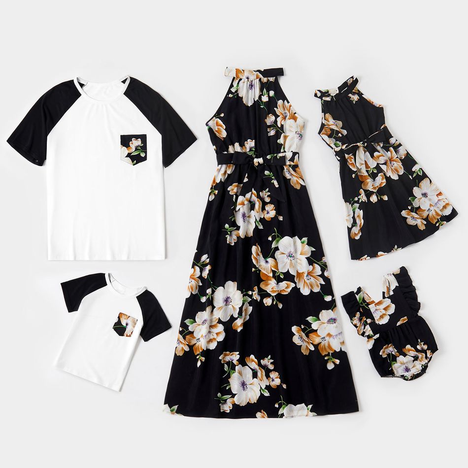 Floral Print Family Matching Sets（ Halter Neck Design Dresses for Mom and Girl; Raglan Sleeve T-shirts for Dad and Boy） Black