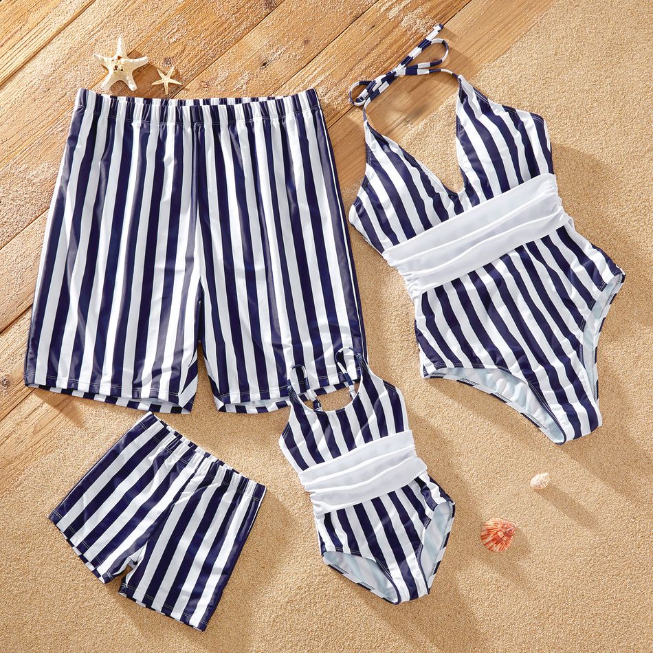 Striped Print Family Matching Swimsuits（One-piece Swimsuits for Mom and Girl ; Swim Trunks for Dad and Boy） Royal Blue