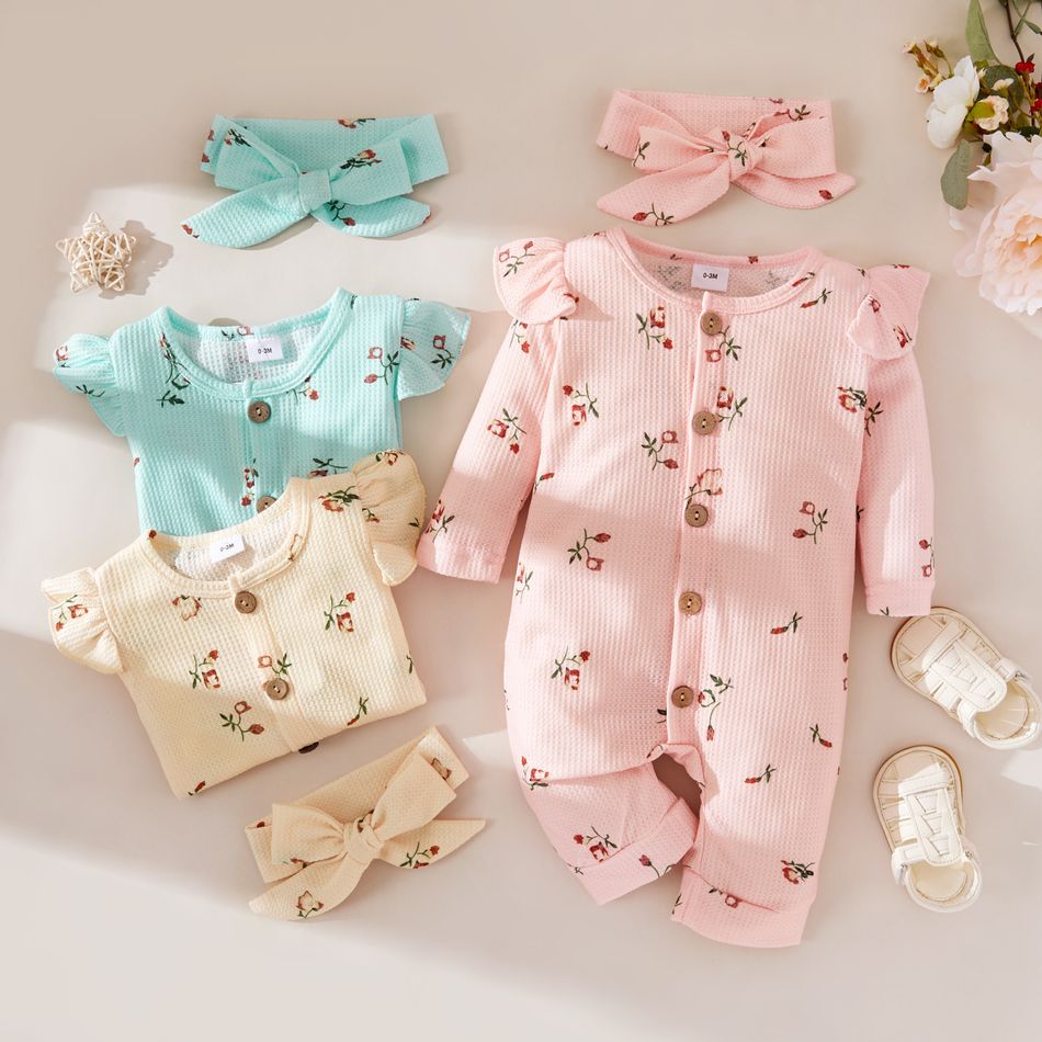 2pcs Baby Girl 95% Cotton Long-sleeve Floral Print Ruffle Button Up Waffle Jumpsuit with Headband Set Pink