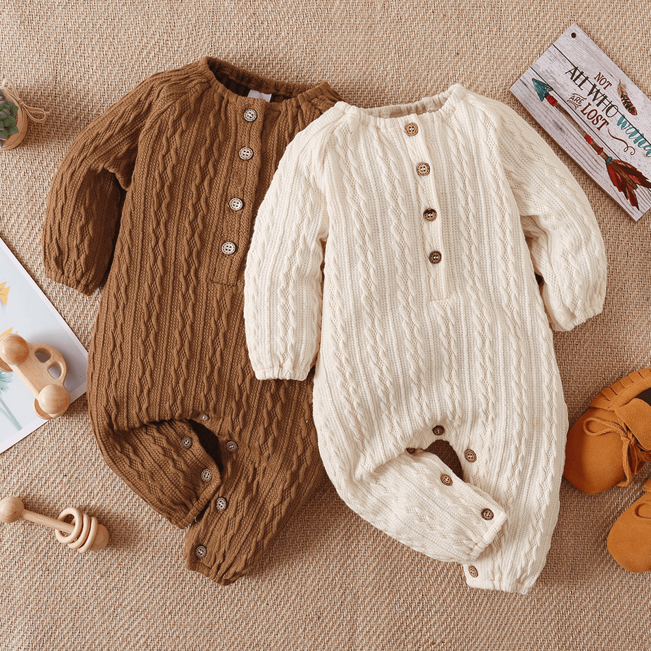 Solid Knitted Button Design Long-sleeve Baby Jumpsuit White