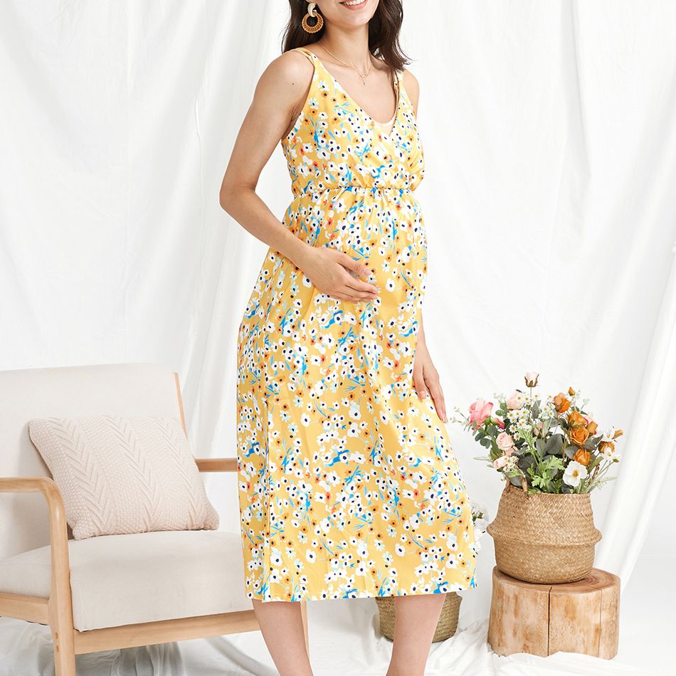 Maternity Vacation Print Deep V Neck Sleeveless Dress Yellow