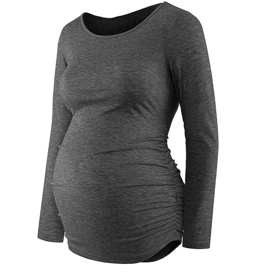 Solid Maternity Round Collar Long-sleeve Women T-shirt Dark Grey