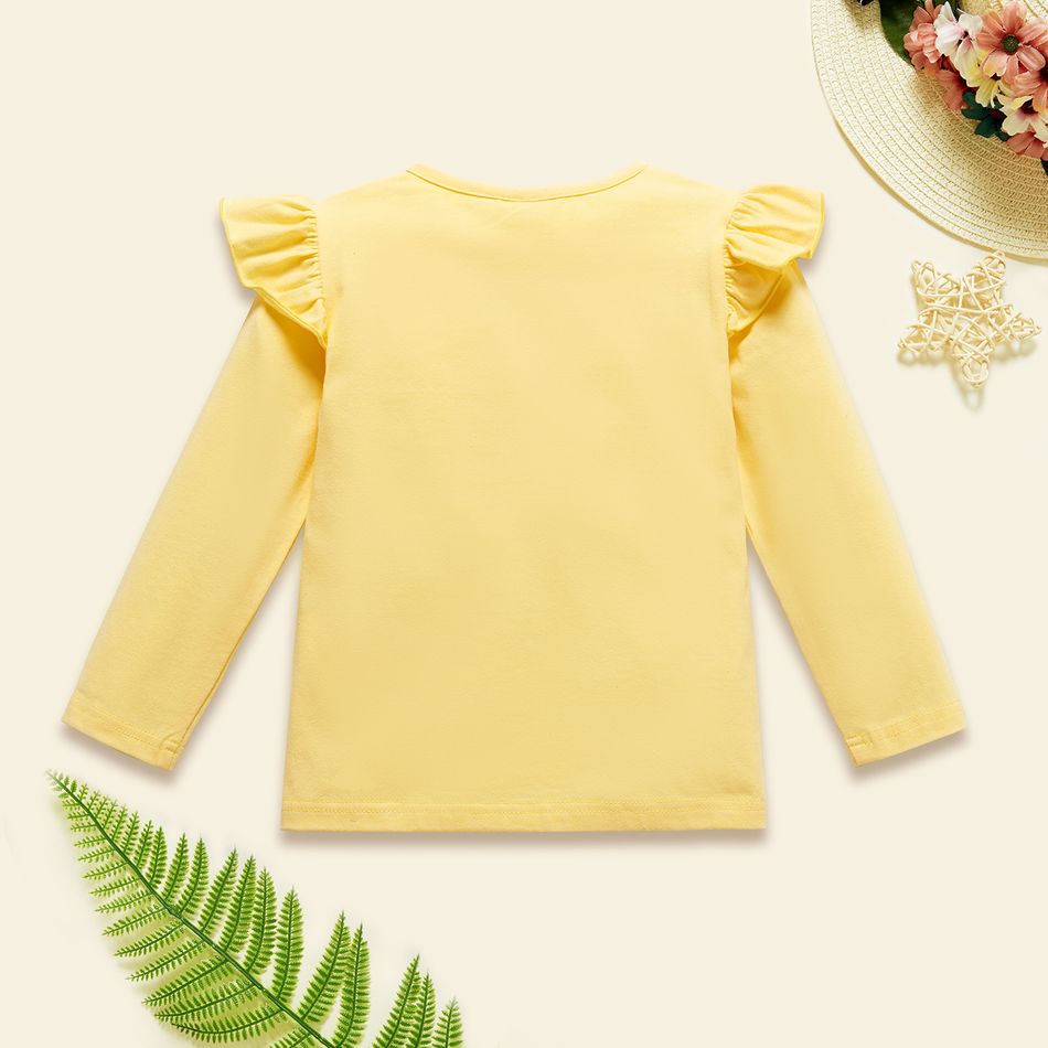 Toddler Girl Animal Letter Print Cotton Ruffled Yellow Long-sleeve Tee Pale Yellow big image 2