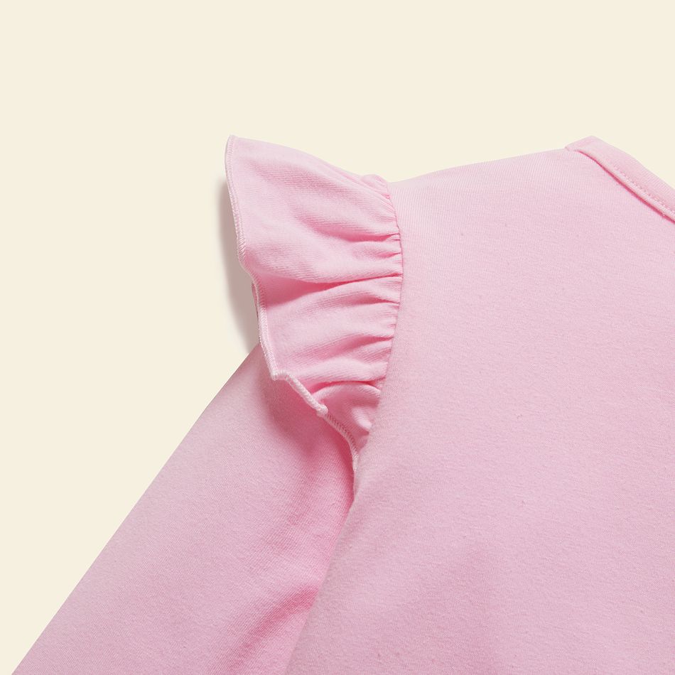 Toddler Girl Letter Animal Dinosaur Print Cotton Ruffled Light Pink Long-sleeve Tee Light Pink big image 3
