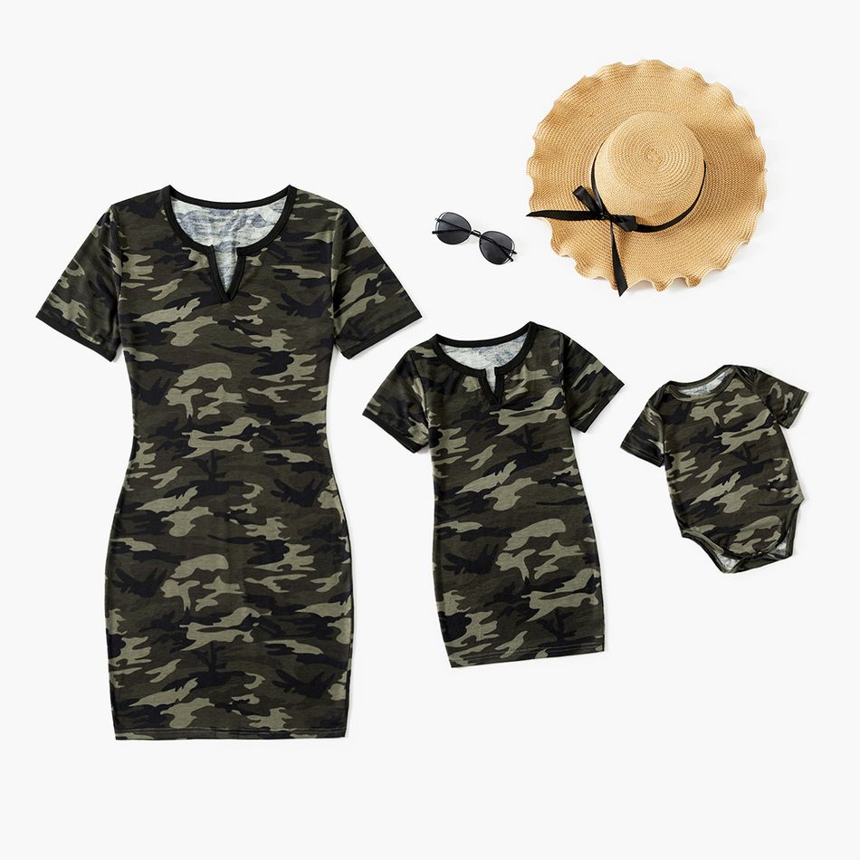 Camouflage Short Sleeve Mini Tight Dresses for Mommy and Me Army green