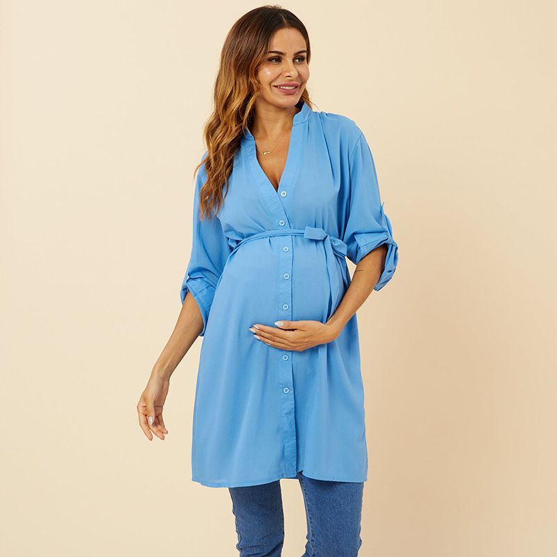 Maternity casual Print Stand collar Shirt Sleeveless Solid Dress Light Blue