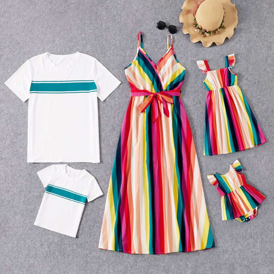 Stripe Series Family Matching Sets(Colorful Sling Dresses for Mom and Girl ; Loose Straight Short Sleeve T-shirts for Dad and Boy) Multi-color