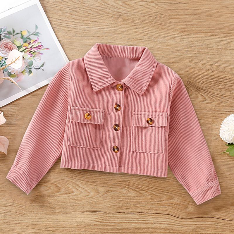 Toddler Girl Lapel Collar Button Design Pocket Pink Ribbed Jacket Coat Pink