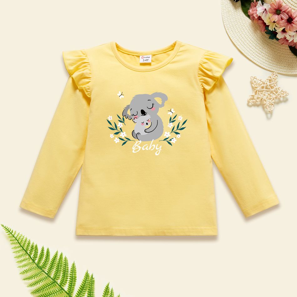 Toddler Girl Graphic Koala and Floral and Letter Print Ruffled Long-sleeve Tee Pale Yellow