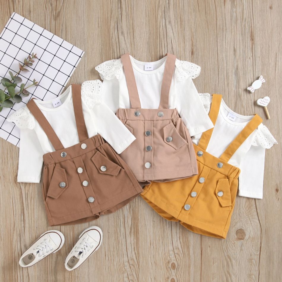100% Cotton 2pcs Baby Girl Ruffle Long-sleeve Romper and Pink Suspender Skirt Set Khaki big image 2