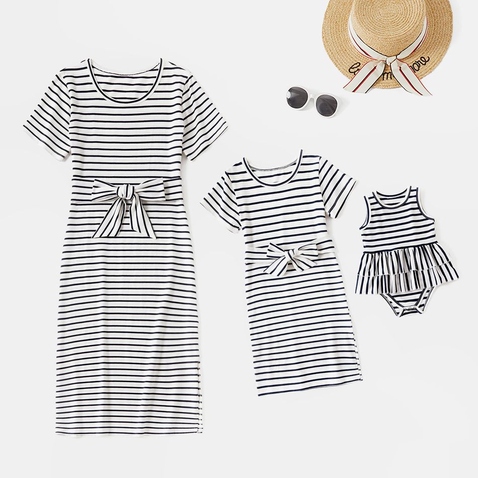 Stripe Print Short Sleeve Maxi Dresses for Mommy and Me Black/White