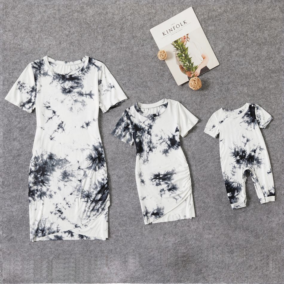 Allover Tie Dye Short Sleeve Slim Fit Mini T-shirt Dress for Mom and Me Black/White