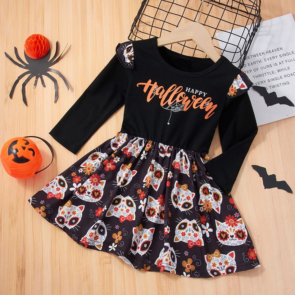 Toddler Girl Halloween Letter Cat Print Long-sleeve A-line Dress Black