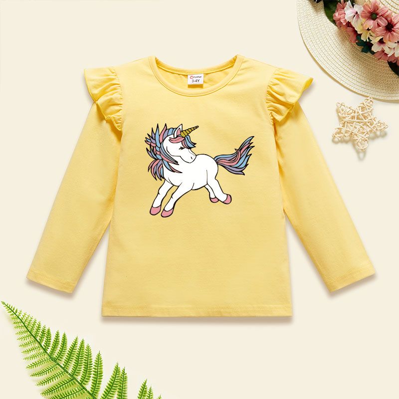 Toddler Girl Graphic Unicorn Print Ruffled Long-sleeve Tee Pale Yellow