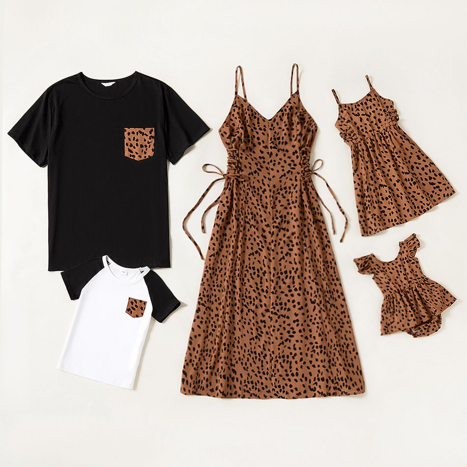 Leopard Print Family Matching Sets(Spaghetti Strap Dresses and Short-sleeve T-shirts) Coffee