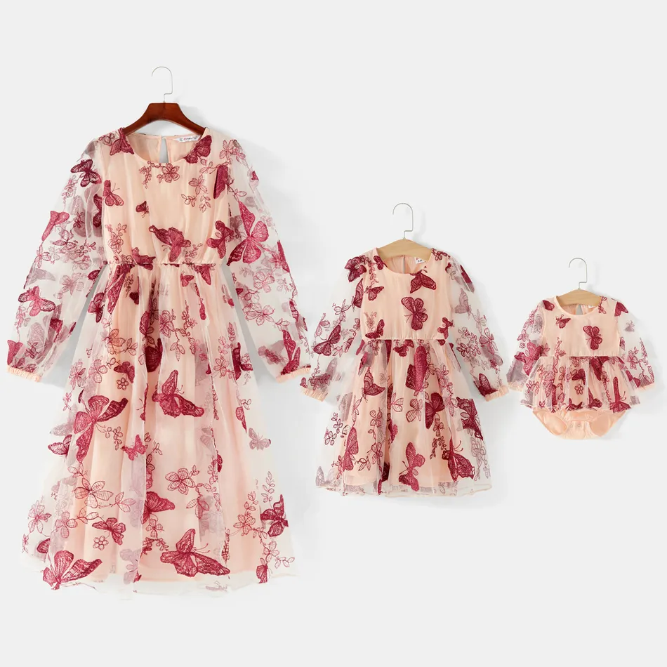 All Over Butterfly Embroidered Mesh Splice Lantern Long-sleeve Midi Dress for Mom and Me Light Red