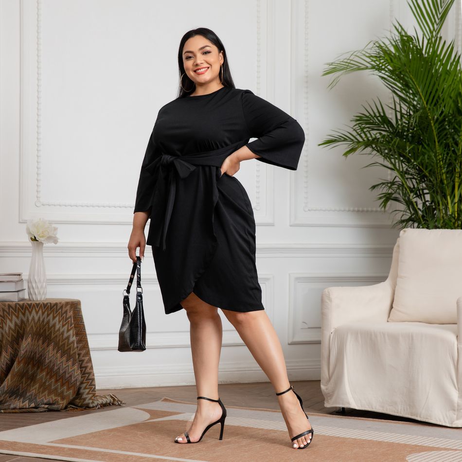 Women Plus Size Elegant Long-sleeve Belted Black Wrap Dress Black