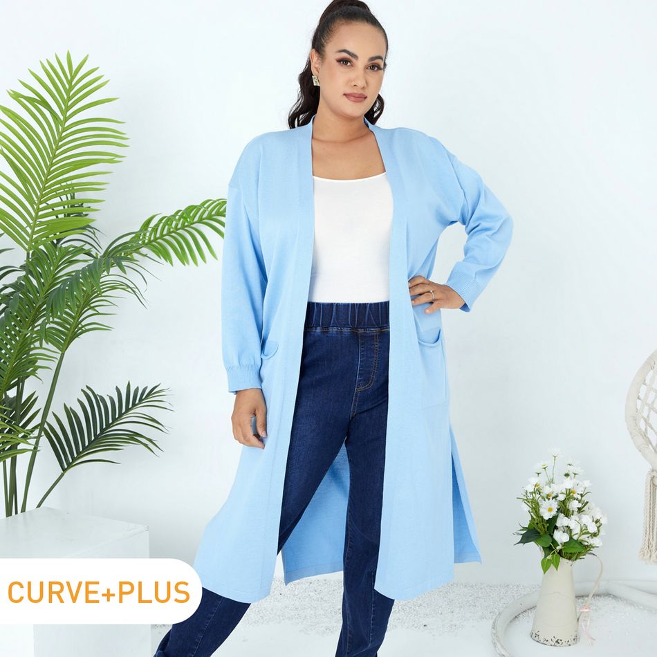 Women Plus Size Casual Open Front Midi Knit Blue Coat with Pocket Blue