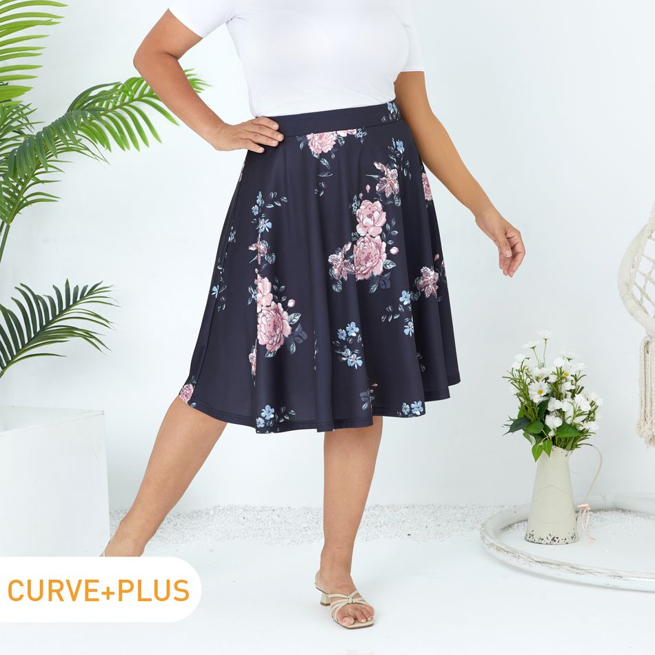 Women Plus Size Elegant Floral Print Circle Skirt Black