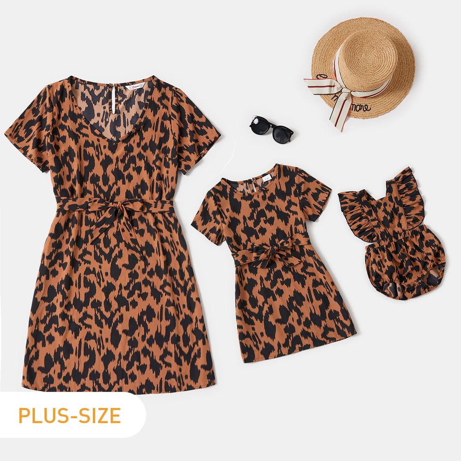 Leopard Print Short Sleeve Matching Brown Midi Plus Size Dresses Brown
