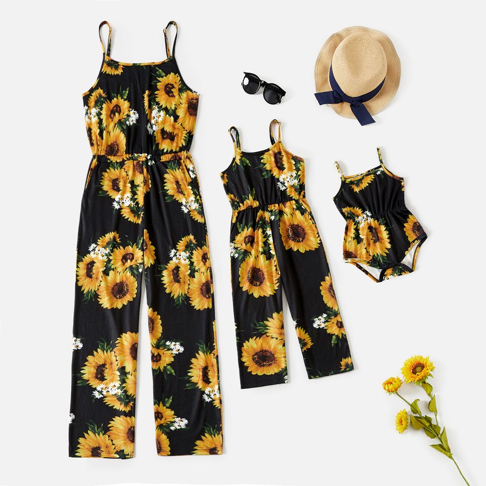 Sunflower Floral Print Spaghetti Strap Jumpsuit Romper for Mom and Me Black
