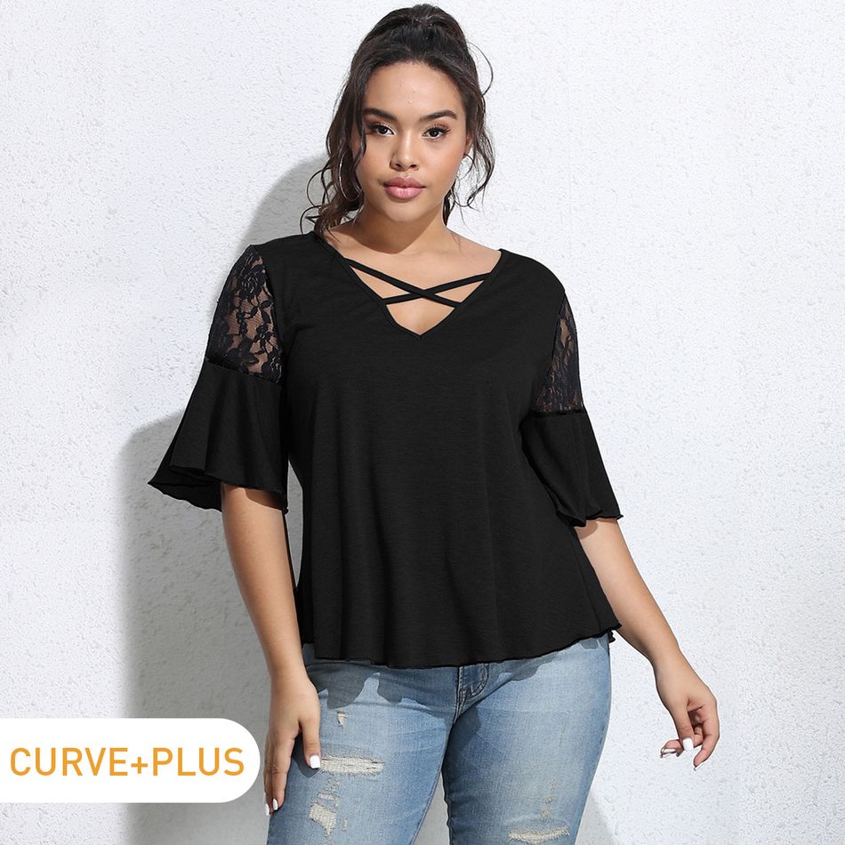 Women Plus Size Elegant Crisscross V Neck Short Lace Splice Bell sleeves T-shirt Black