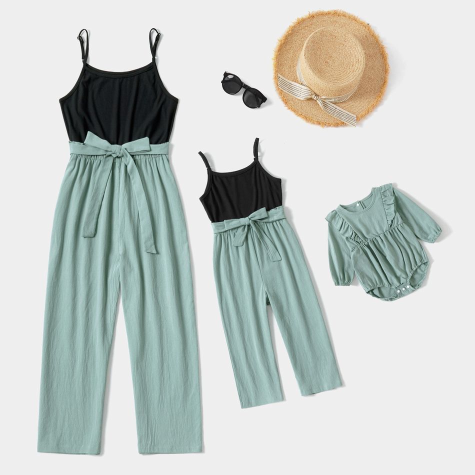 Green Splice Black Front Tie Sling Jumpsuit for Mom and Me Light Green