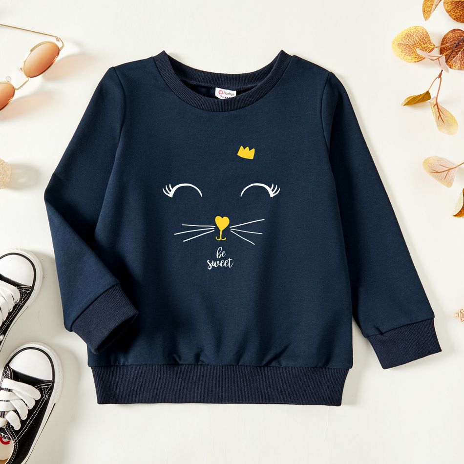 Toddler Girl Graphic Kitty and Letter Print Long-sleeve Pullover Dark Blue