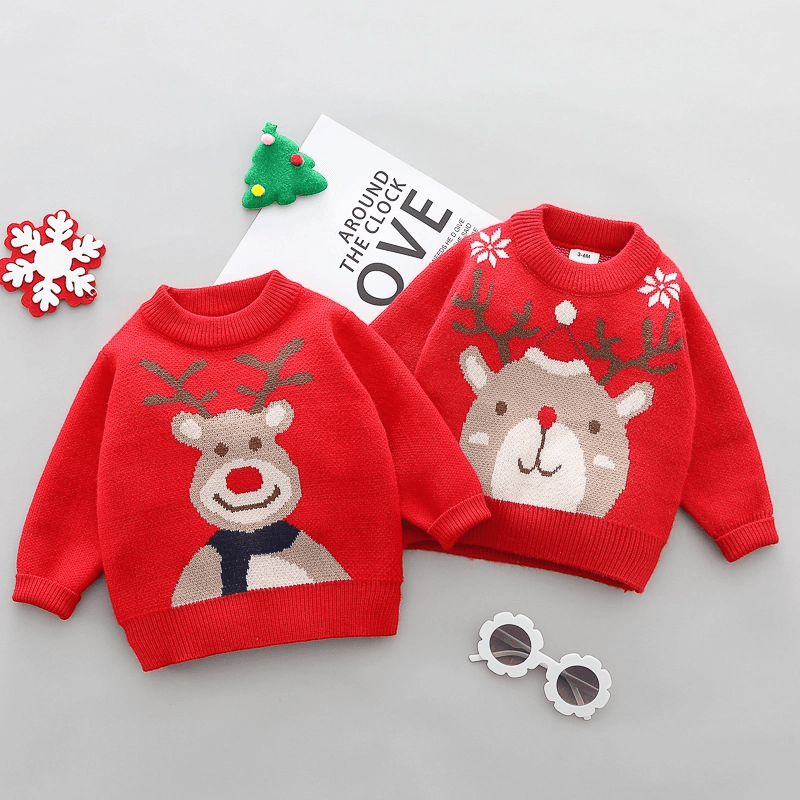 Christmas Deer Long-sleeve Baby Knitted Sweater Pullover Red big image 2