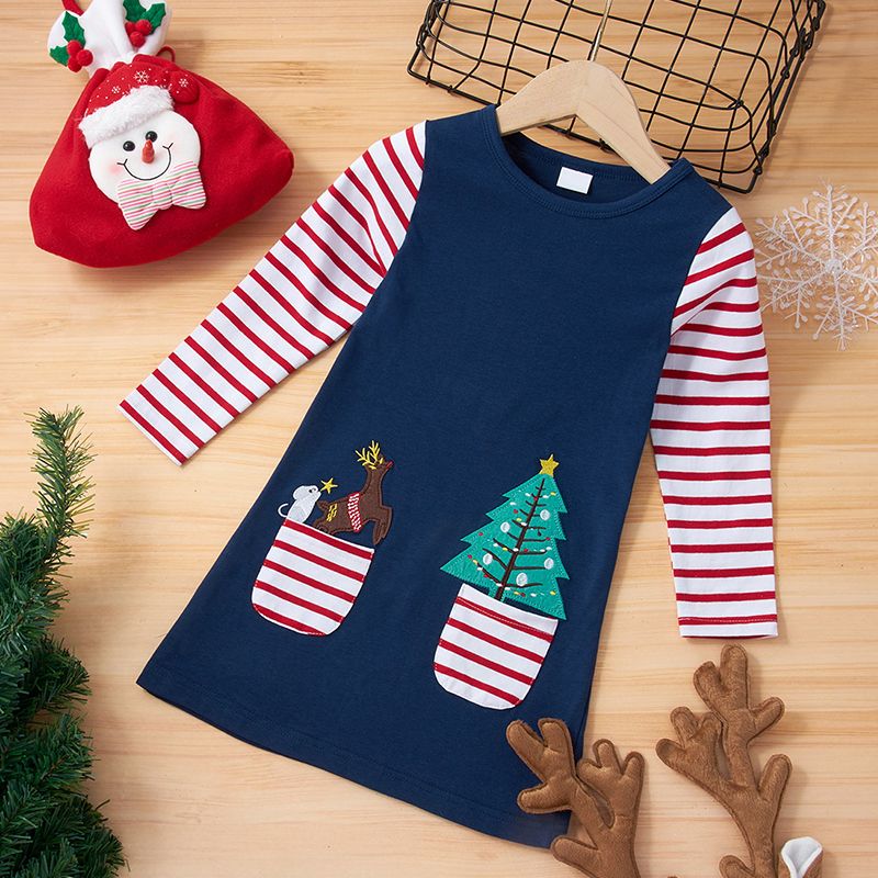 Toddler Girl Christmas Tree Deer Embroidered Stripe Long-sleeve Dress Navy