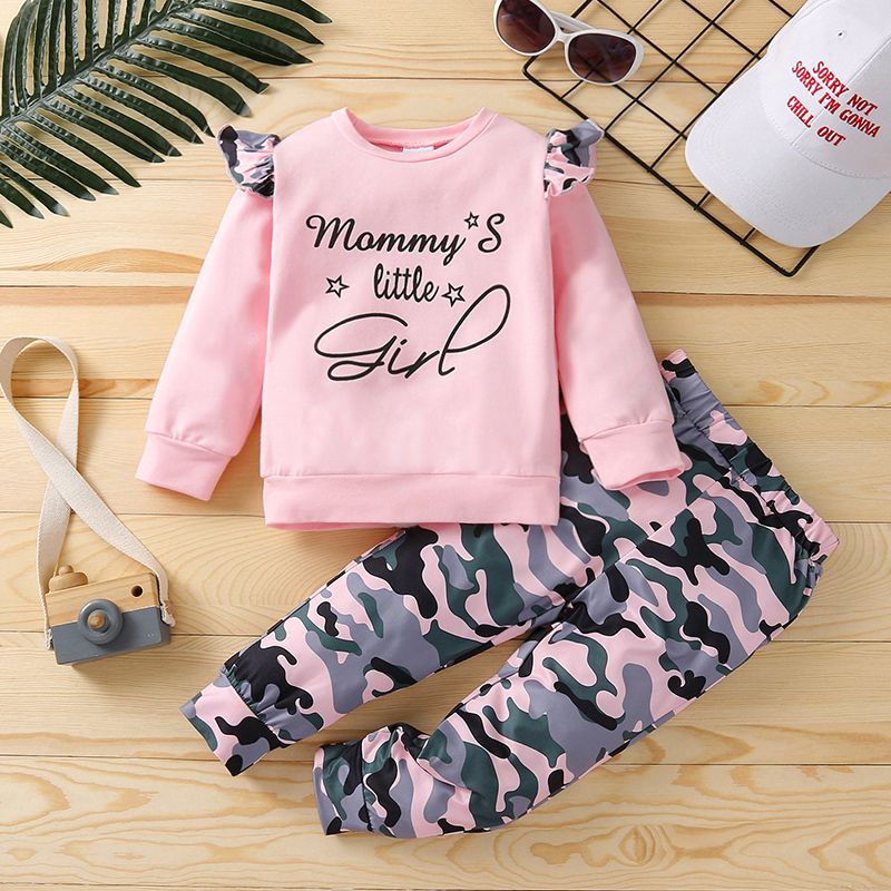 2-piece Toddler Girl Ruffle Letter Print Long-sleeve Tee and Camouflage Print Pants Set Pink big image 6