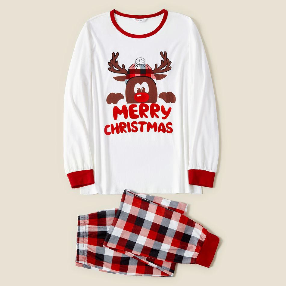 Merry Christmas Deer Letter and Plaid Print Family Matching Long-sleeve Pajamas Sets (Flame Resistant) Red/White big image 2