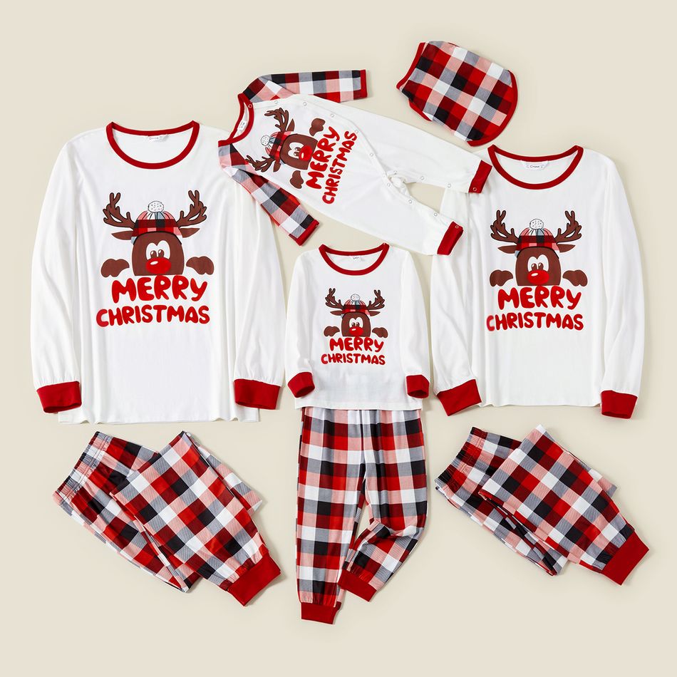 Merry Christmas Deer Letter and Plaid Print Family Matching Long-sleeve Pajamas Sets (Flame Resistant) Red/White big image 1