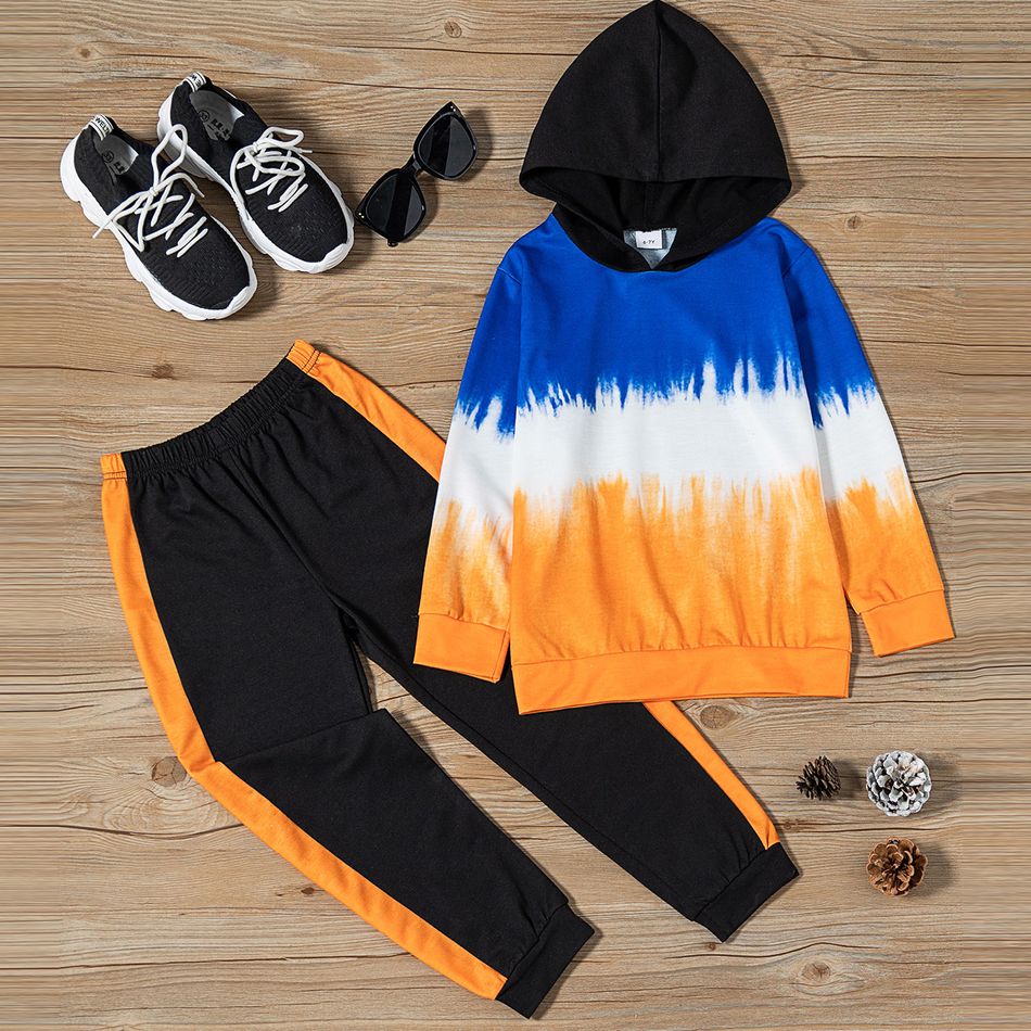 2-piece Kid Boy Tie Dye Hoodie Sweatshirt and Colorblock Pants Set Orange