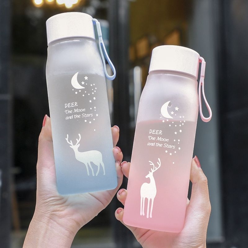 Fantasy elk gradient color frosted space cup with rope outdoor portable water cup cute plastic water bottle with drop resistance (The printing pattern is random) Light Pink big image 4