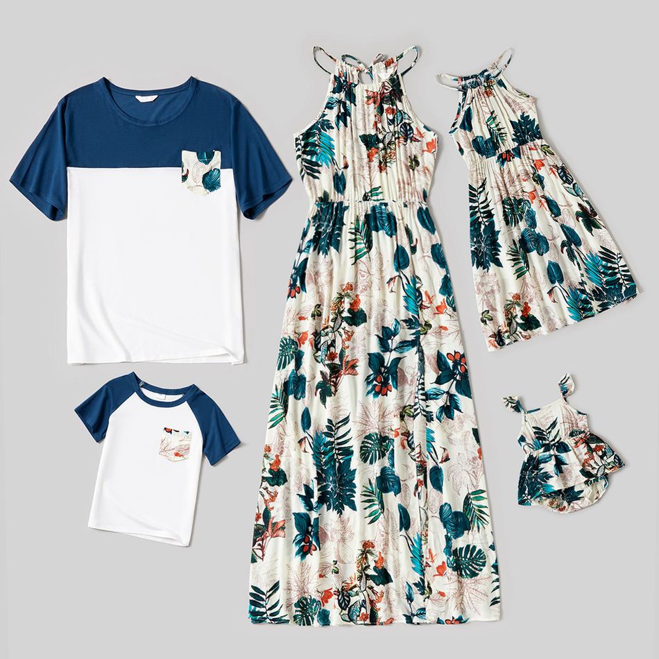 Floral Print Family Matching Sets(Sleeveless Halter Neck Dresses and Raglan Short Sleeve T-shirts) Beige