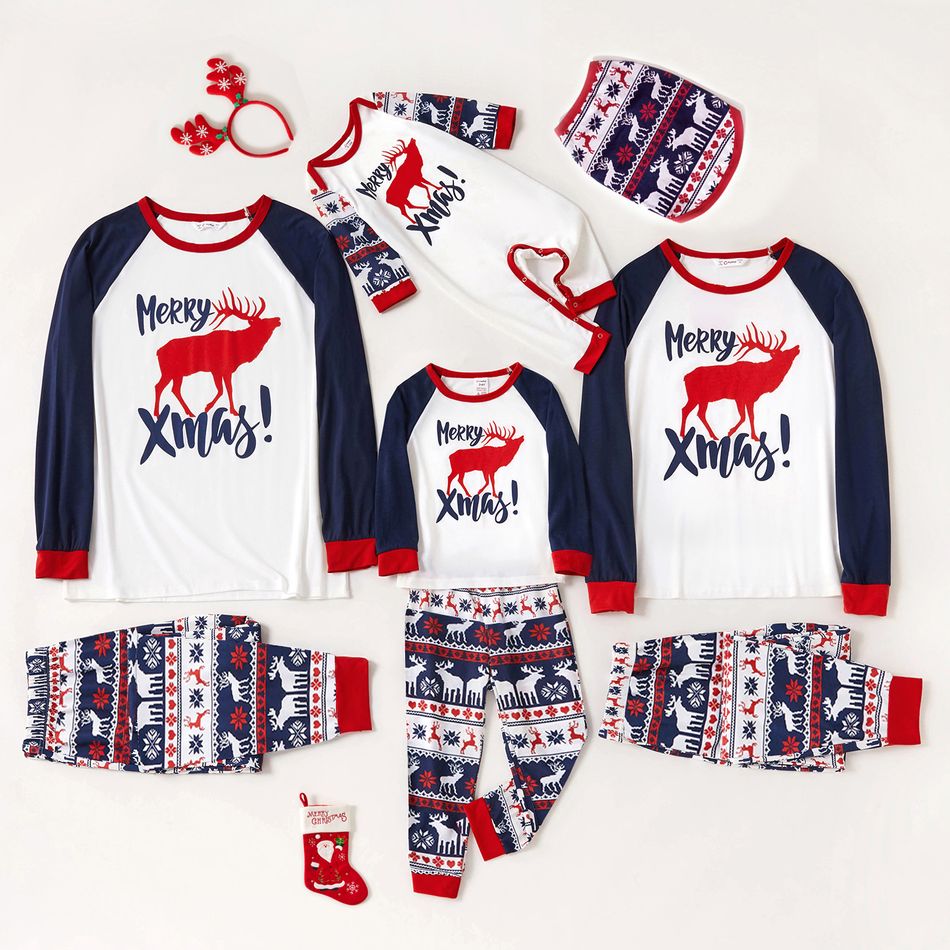 Xmas Reindeer and Letter Print Family Matching Long-sleeve Crewneck Pajamas Sets (Flame Resistant) Dark blue/White/Red